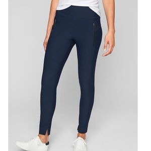 Athleta Stellar Tights Leggings Pants Navy Blue Side Black Zippers Size X Small